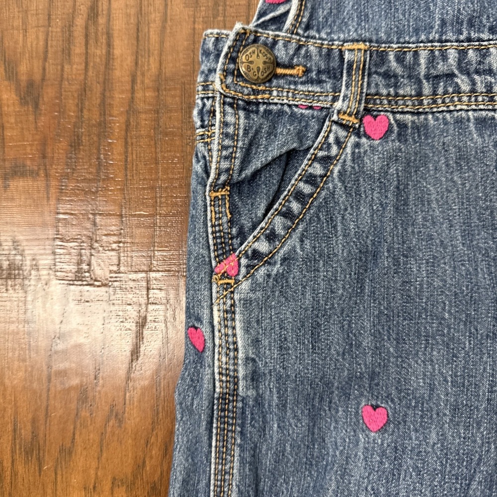 OshKosh B'gosh Vestbak Denim Jean Overalls Toddler Girls 2T Pink Hearts Western - Picture 3 of 8